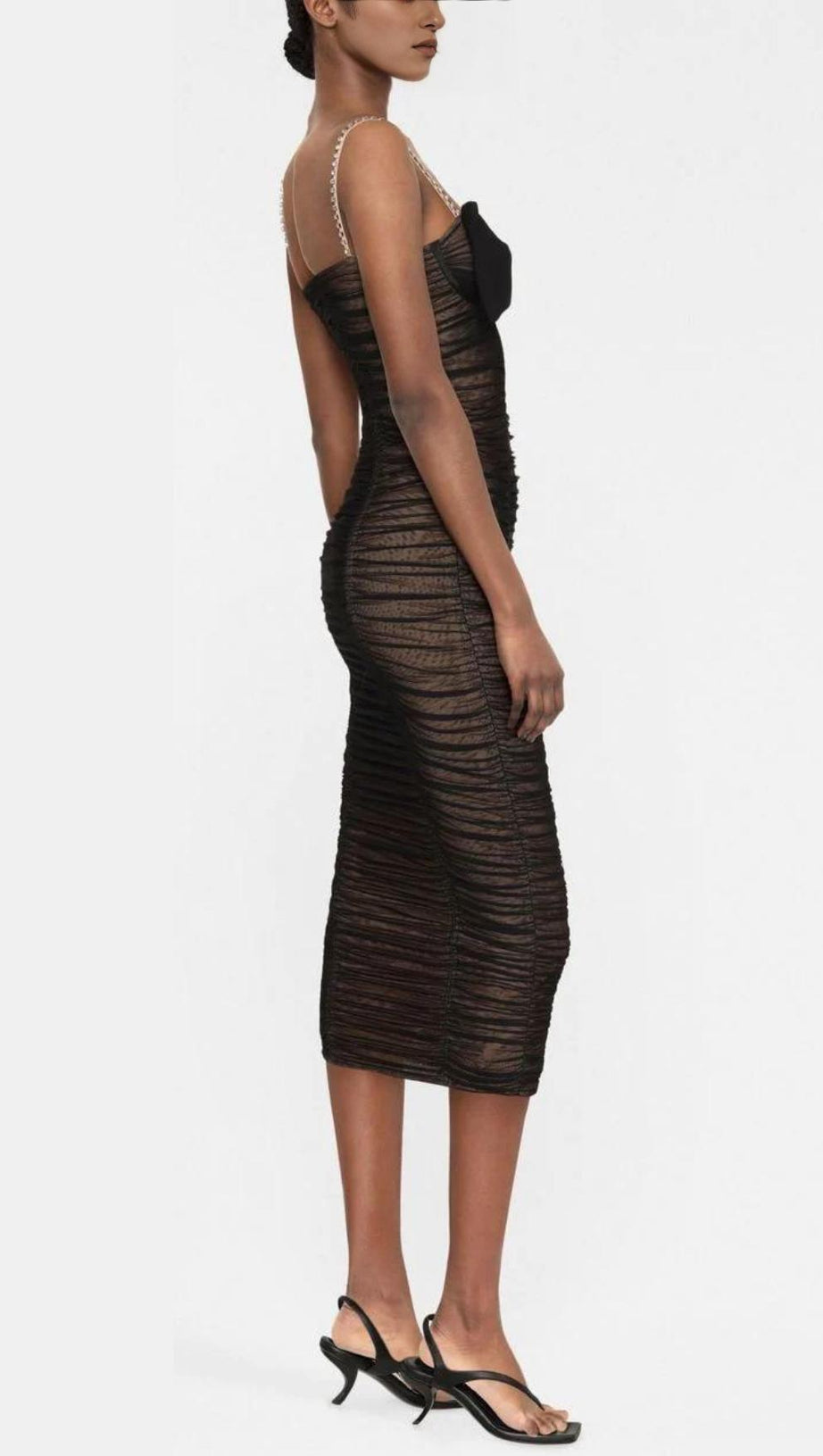 BOW MESH STRAPPY MIDI DRESS IN BLACK