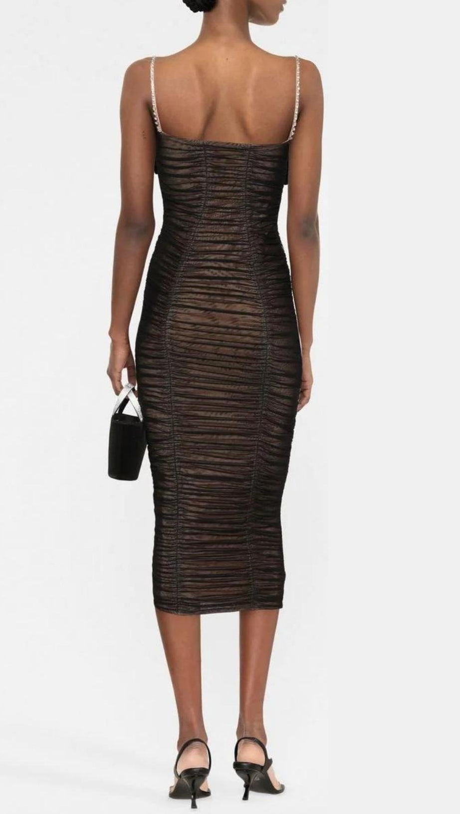 BOW MESH STRAPPY MIDI DRESS IN BLACK