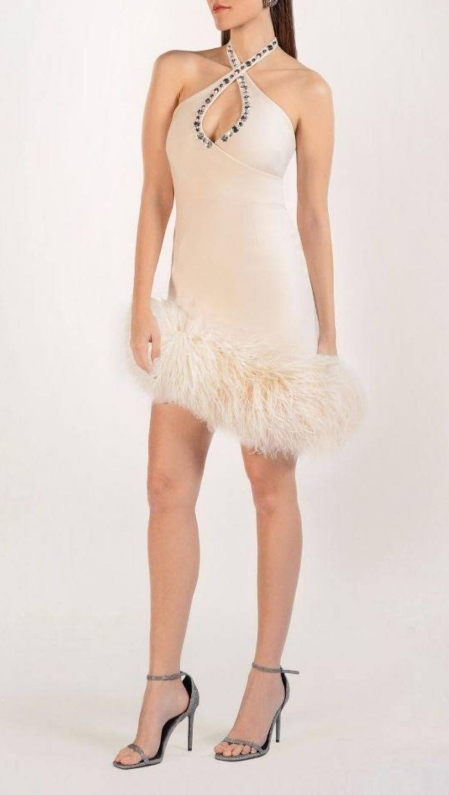 WHITE FEATHER-EMBELLISHED CREPE MINI DRESS