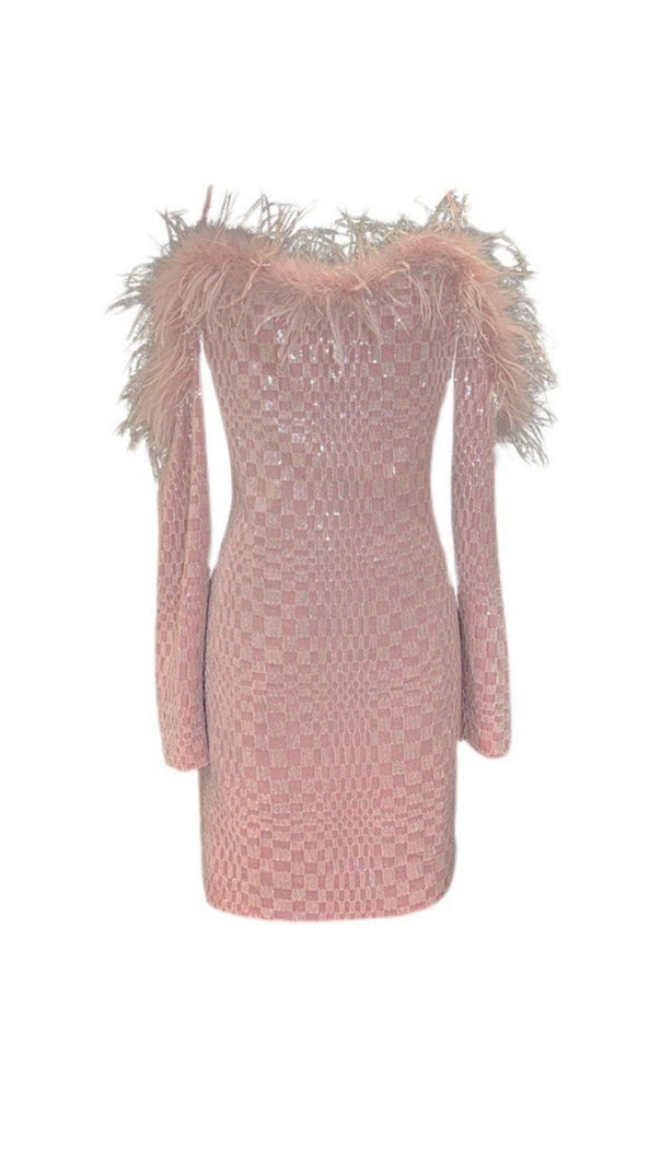 AIIZIE OFF SHOULDER FEATHER MINI DRESS IN PINK - product image