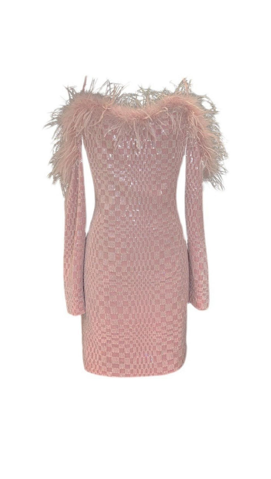 OFF SHOULDER FEATHER MINI DRESS IN PINK