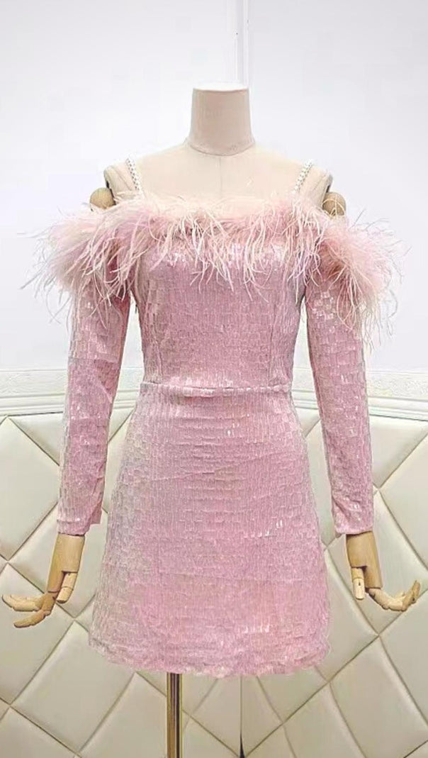 AIIZIE OFF SHOULDER FEATHER MINI DRESS IN PINK - product image