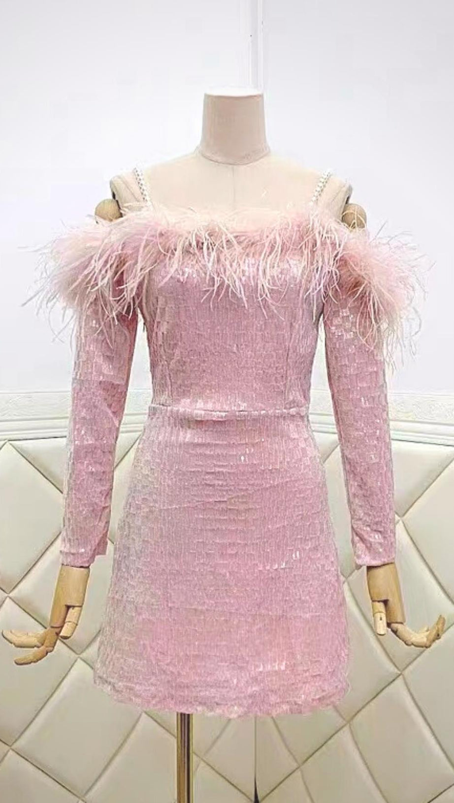 OFF SHOULDER FEATHER MINI DRESS IN PINK