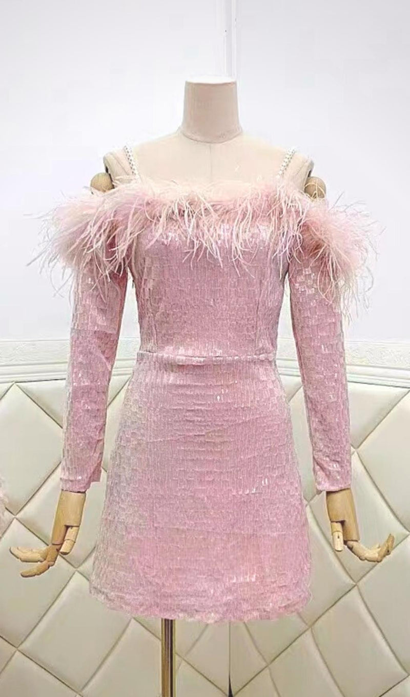 OFF SHOULDER FEATHER MINI DRESS IN PINK