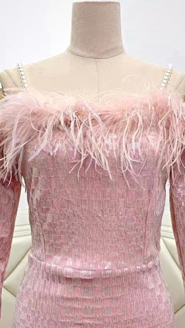 AIIZIE OFF SHOULDER FEATHER MINI DRESS IN PINK - product image