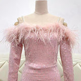 OFF SHOULDER FEATHER MINI DRESS IN PINK