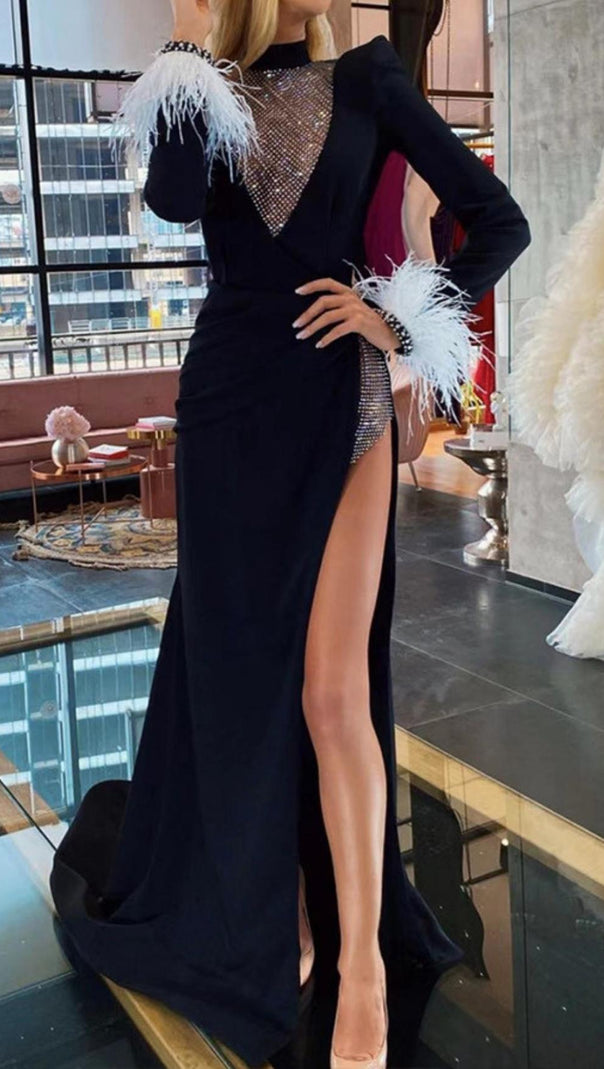 AIIZIE BLACK FEATHER LONG SLEEVE BANDAGE MAXI DRESS - product image