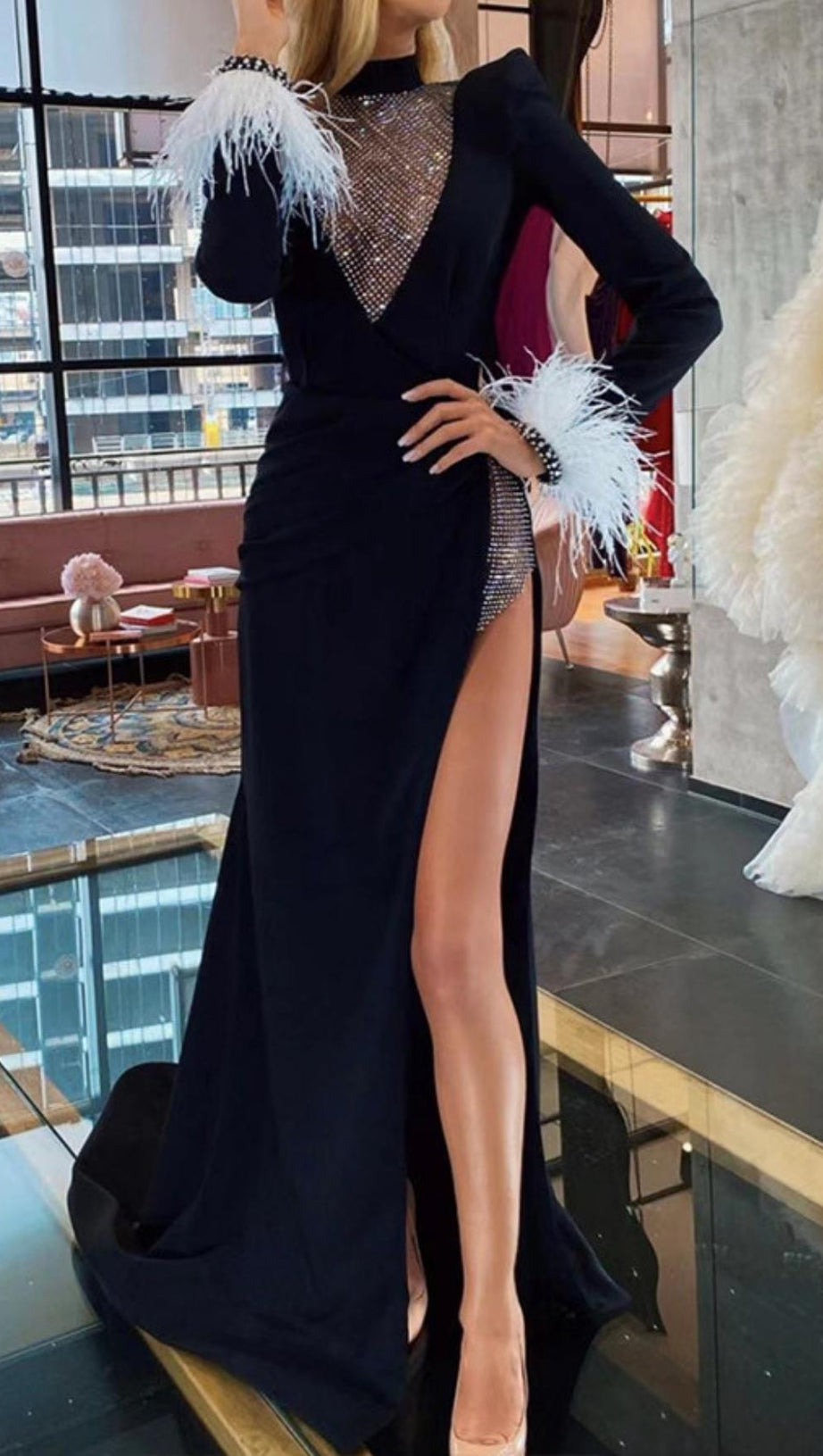 BLACK FEATHER LONG SLEEVE BANDAGE MAXI DRESS