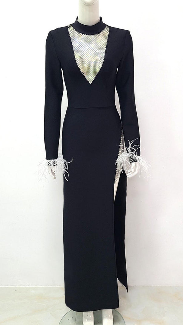 AIIZIE BLACK FEATHER LONG SLEEVE BANDAGE MAXI DRESS - product image