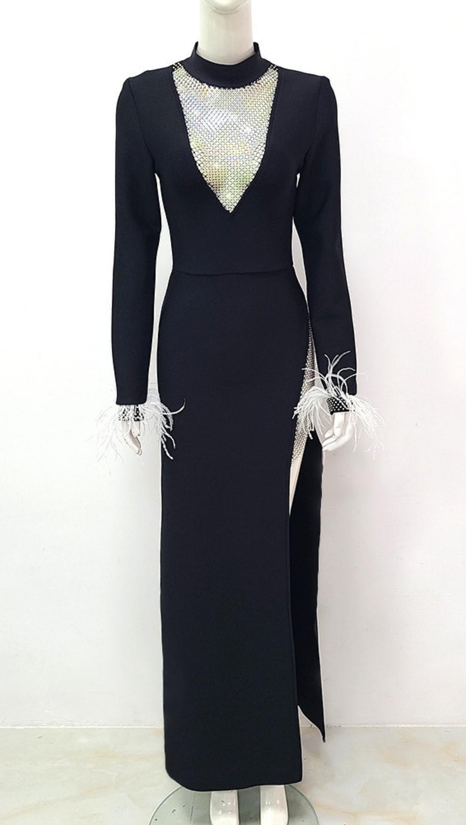 BLACK FEATHER LONG SLEEVE BANDAGE MAXI DRESS