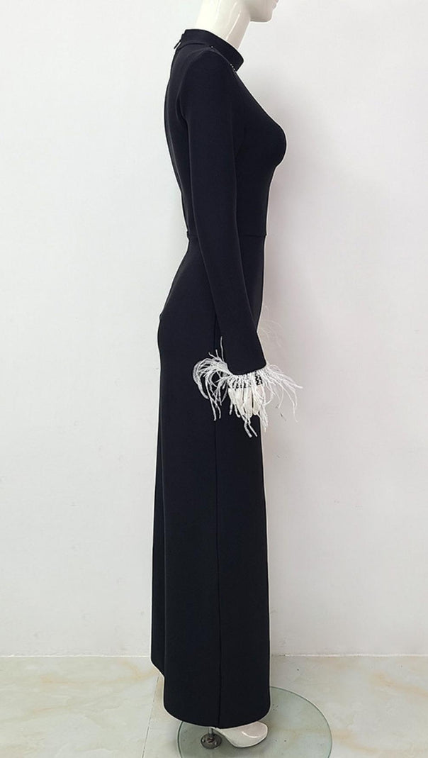 AIIZIE BLACK FEATHER LONG SLEEVE BANDAGE MAXI DRESS - product image