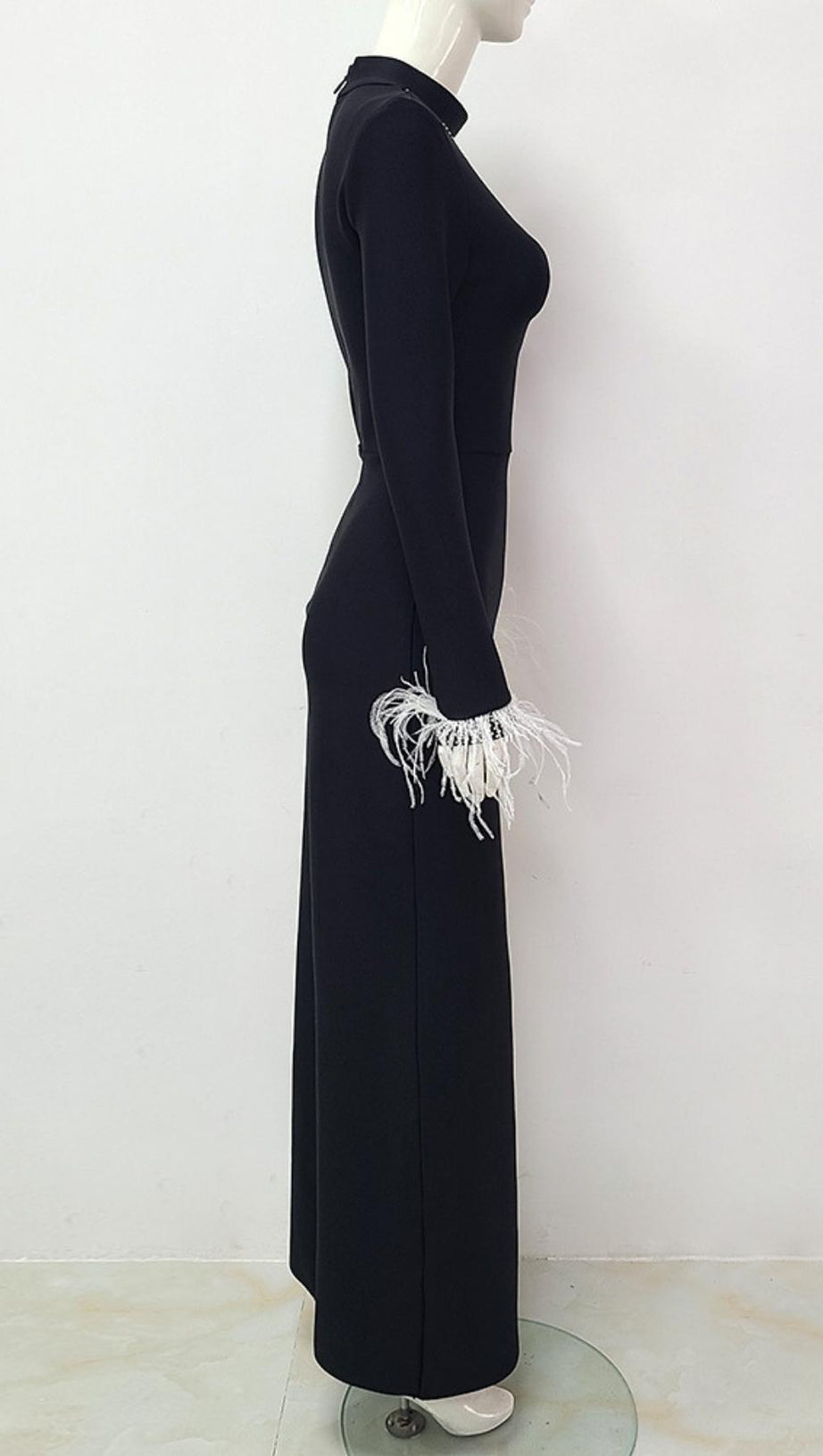 BLACK FEATHER LONG SLEEVE BANDAGE MAXI DRESS