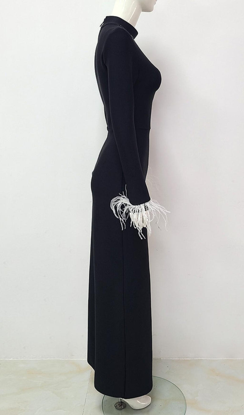 BLACK FEATHER LONG SLEEVE BANDAGE MAXI DRESS