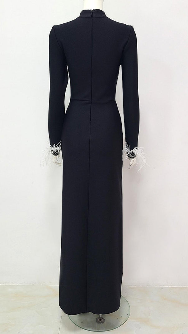 AIIZIE BLACK FEATHER LONG SLEEVE BANDAGE MAXI DRESS - product image