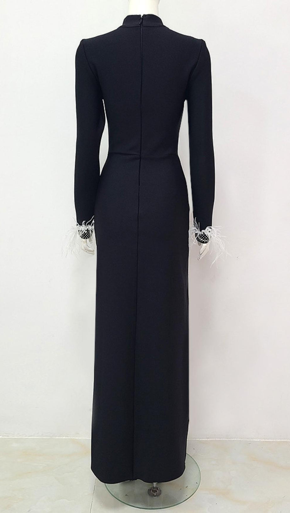 BLACK FEATHER LONG SLEEVE BANDAGE MAXI DRESS