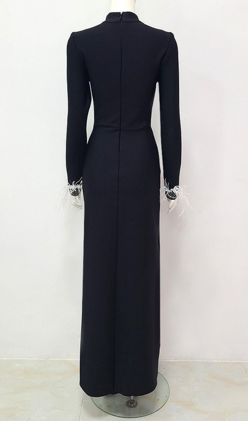 BLACK FEATHER LONG SLEEVE BANDAGE MAXI DRESS