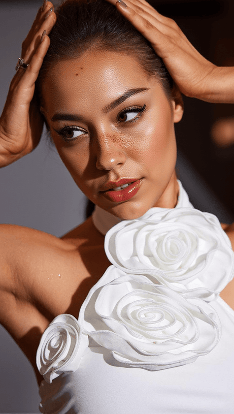 LINCOLN HALTERNECK DRAPED FLOWER MAXI DRESS IN WHITE