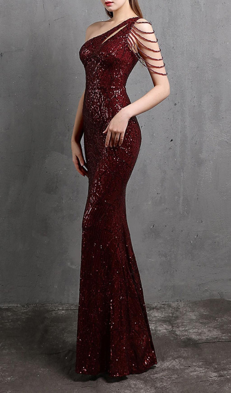 RED CUTOUT SEQUIN MAXI DRESS