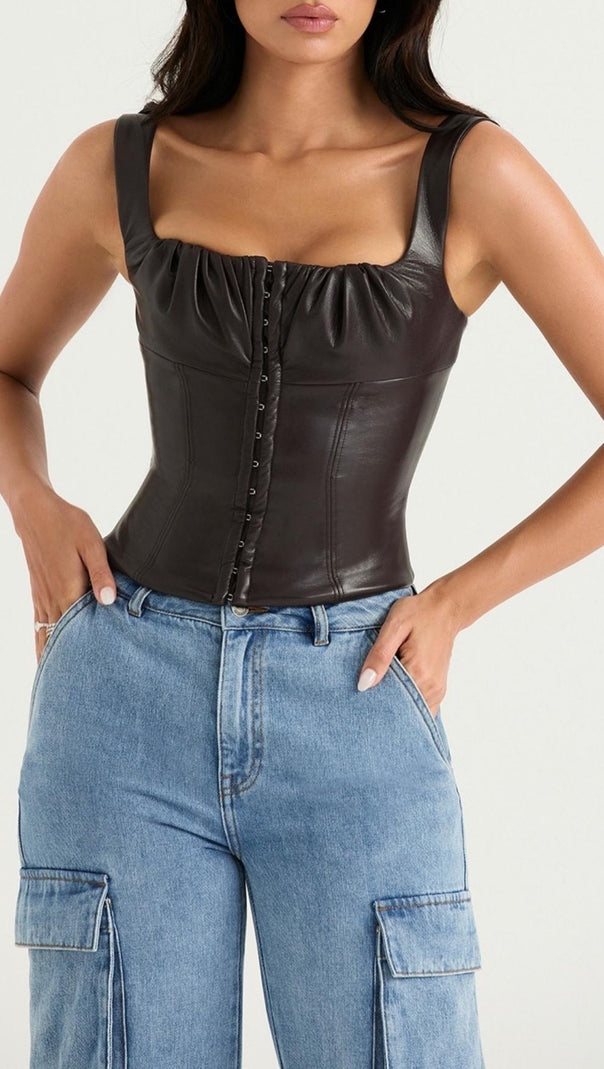 AIIZIE VEGAN LEATHER CORSET IN CHOCOLATE - product image