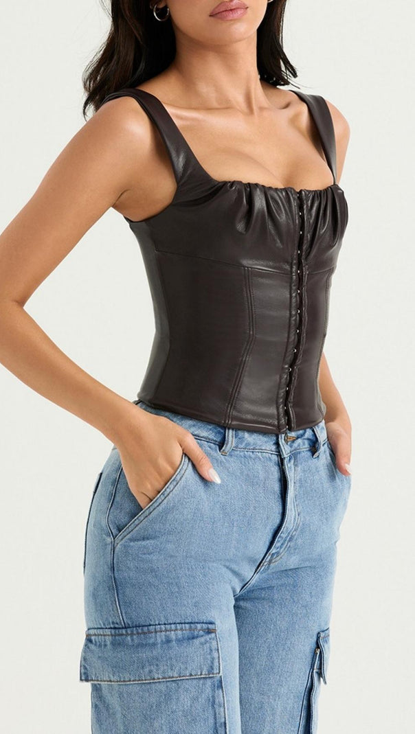 AIIZIE VEGAN LEATHER CORSET IN CHOCOLATE - product image