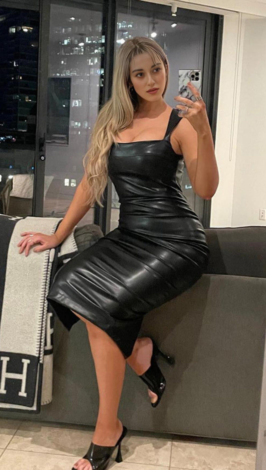 LEATHER STRAP MIDI DRESS