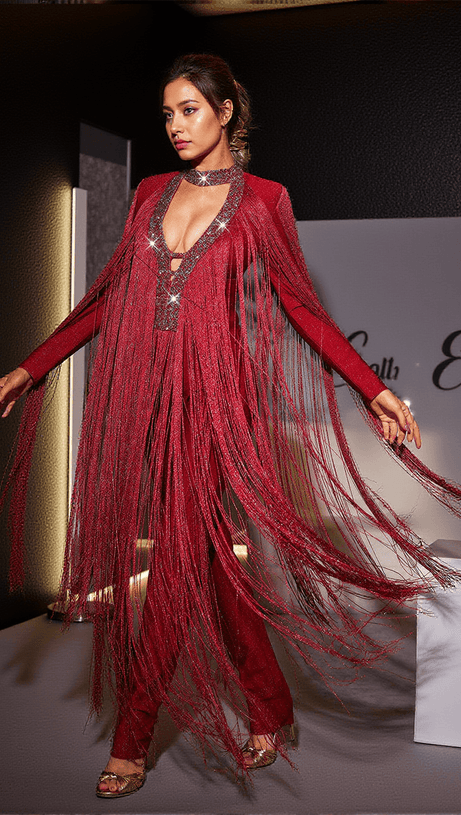 LISANNE LONG SLEEVE FRINGE BANDAGE JUMPSUIT