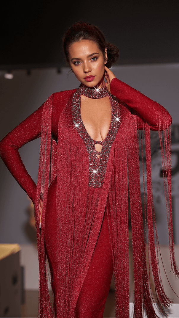 AIIZIE LISANNE LONG SLEEVE FRINGE BANDAGE JUMPSUIT - product image