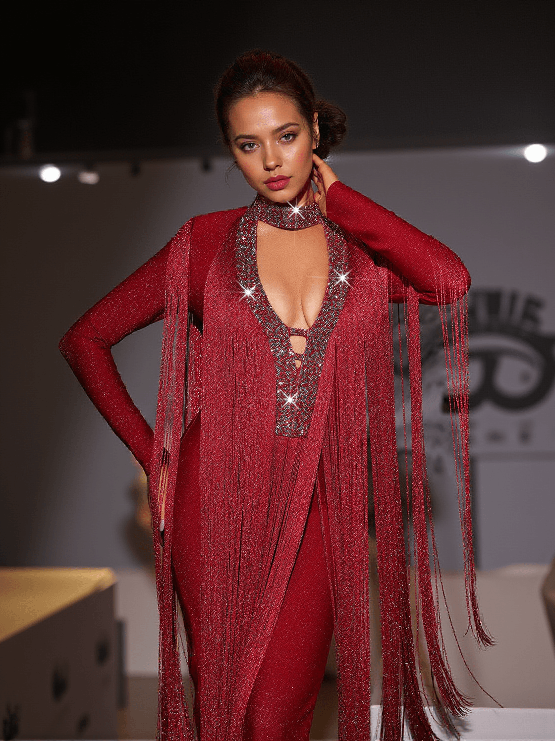 LISANNE LONG SLEEVE FRINGE BANDAGE JUMPSUIT