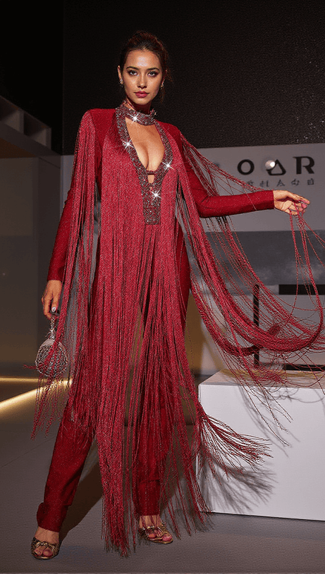 LISANNE LONG SLEEVE FRINGE BANDAGE JUMPSUIT