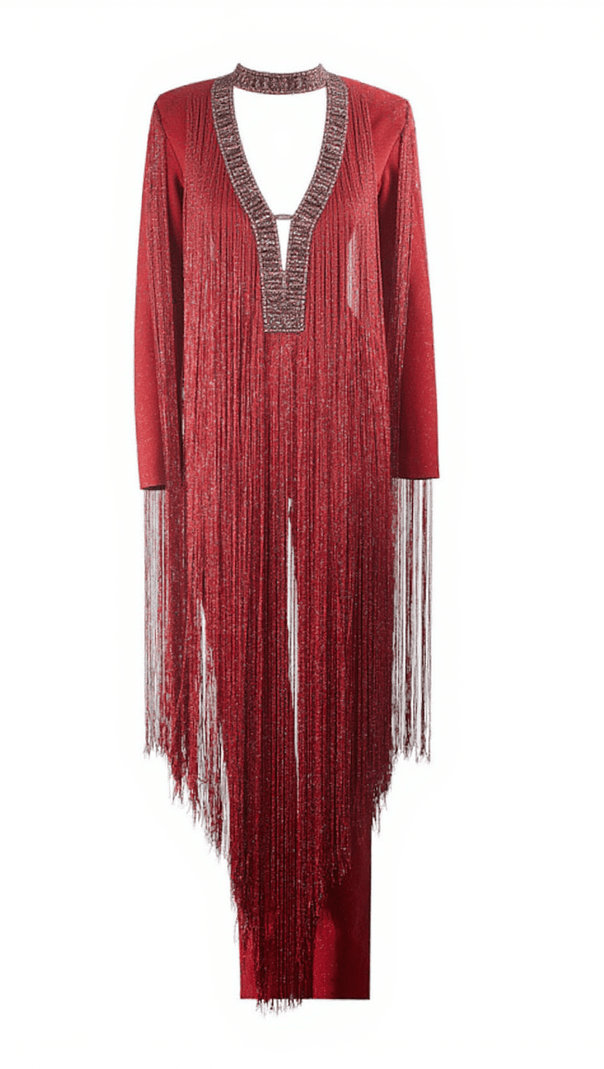 AIIZIE LISANNE LONG SLEEVE FRINGE BANDAGE JUMPSUIT - product image