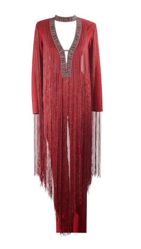 LISANNE LONG SLEEVE FRINGE BANDAGE JUMPSUIT