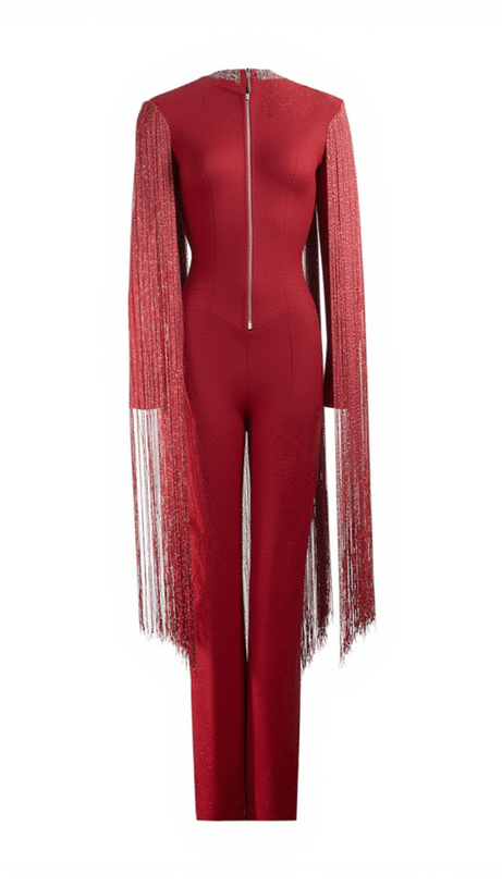 LISANNE LONG SLEEVE FRINGE BANDAGE JUMPSUIT