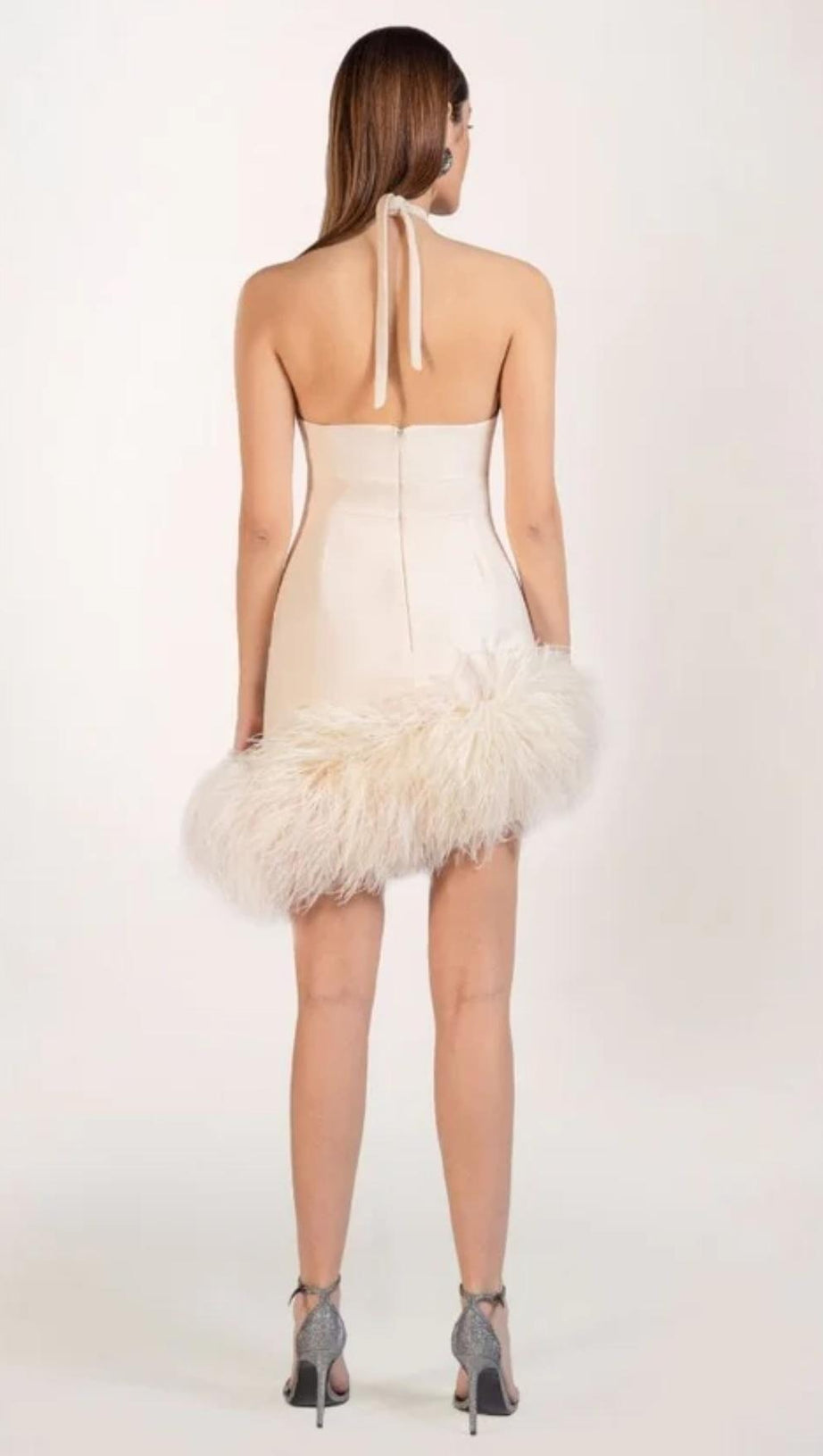 WHITE FEATHER-EMBELLISHED CREPE MINI DRESS