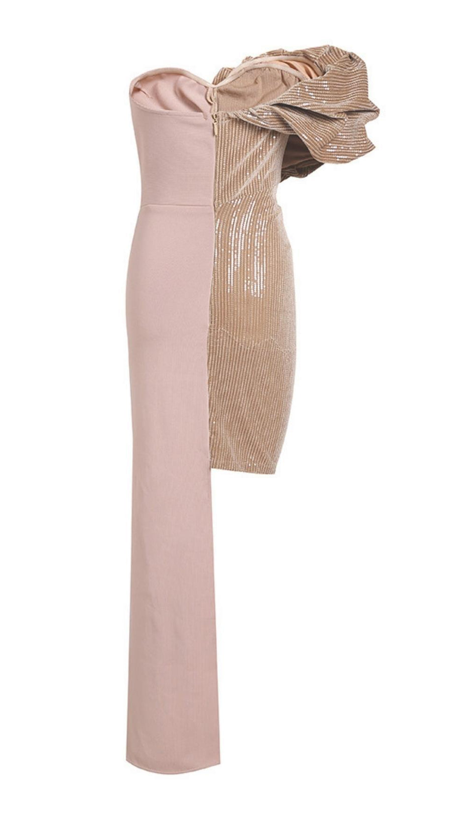 RUCHED STRAPLESS SPLICING MIDI DRESS