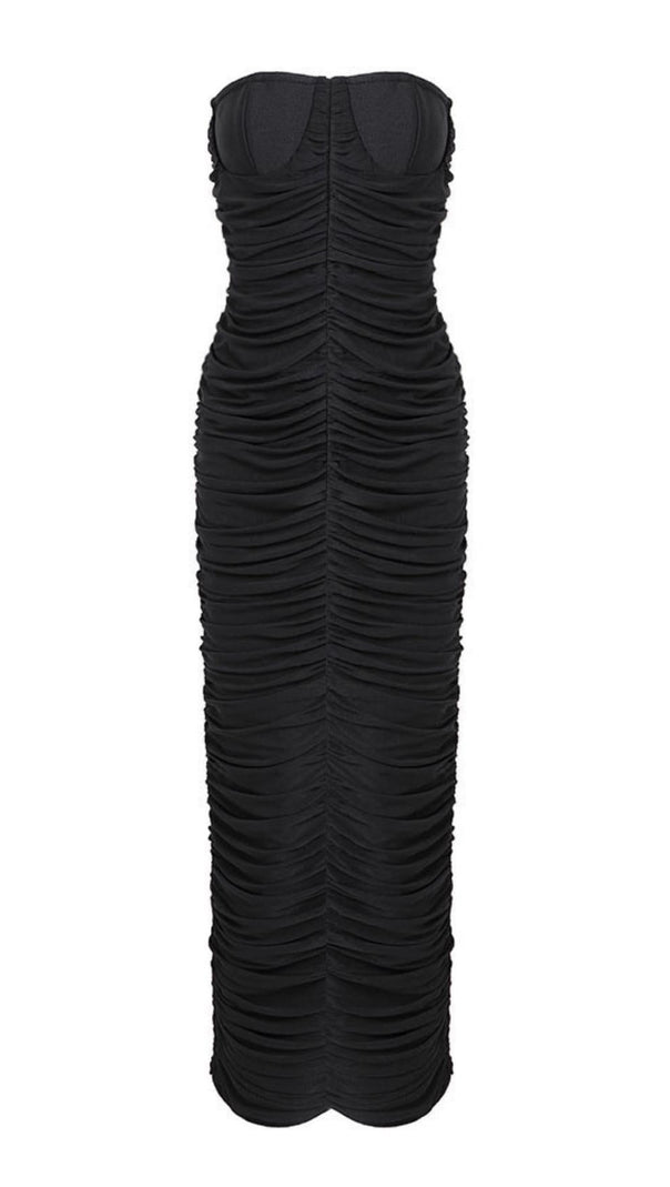 AIIZIE RUCHED STRAPLESS MIDI DRESS IN BLACK - product image