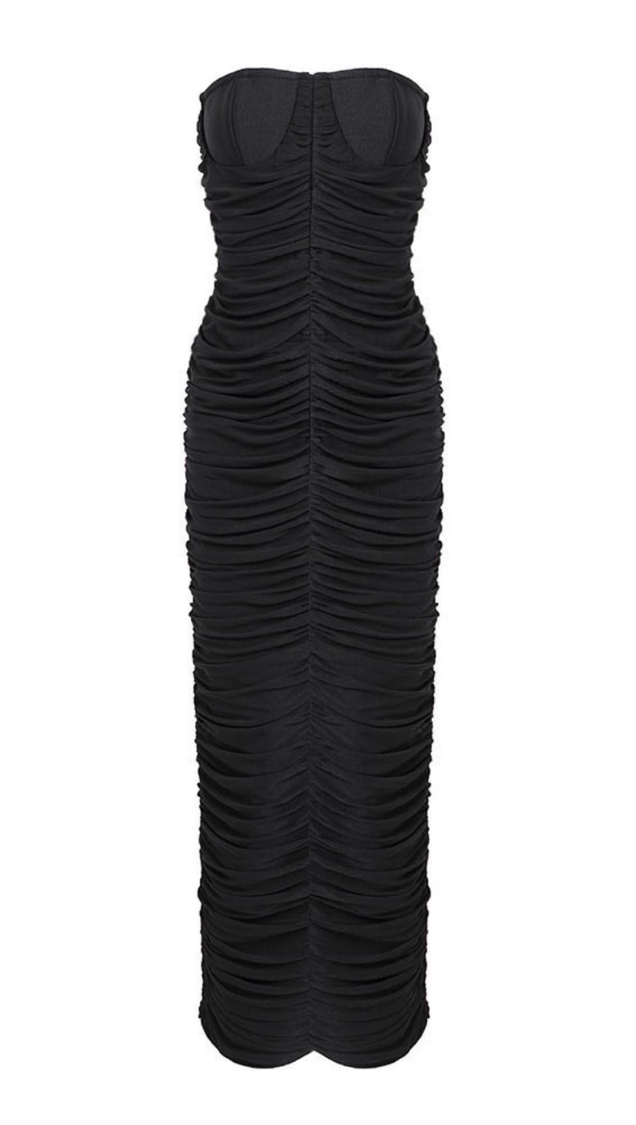 TRÄGERLOSES MIDIKLEID MIT RÜSCHEN IN SCHWARZ