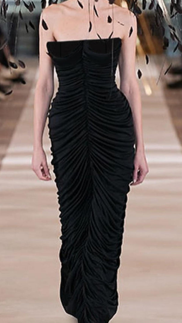 AIIZIE RUCHED STRAPLESS MIDI DRESS IN BLACK - product image