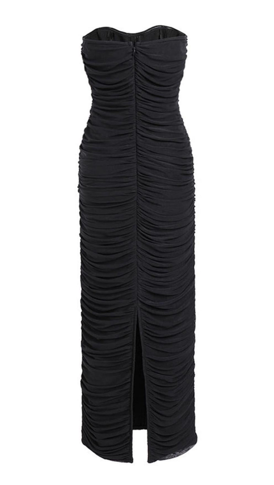 TRÄGERLOSES MIDIKLEID MIT RÜSCHEN IN SCHWARZ