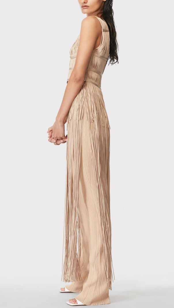 AIIZIE TASSEL BACKLESS JUMPSUIT IN KHAKI - product image