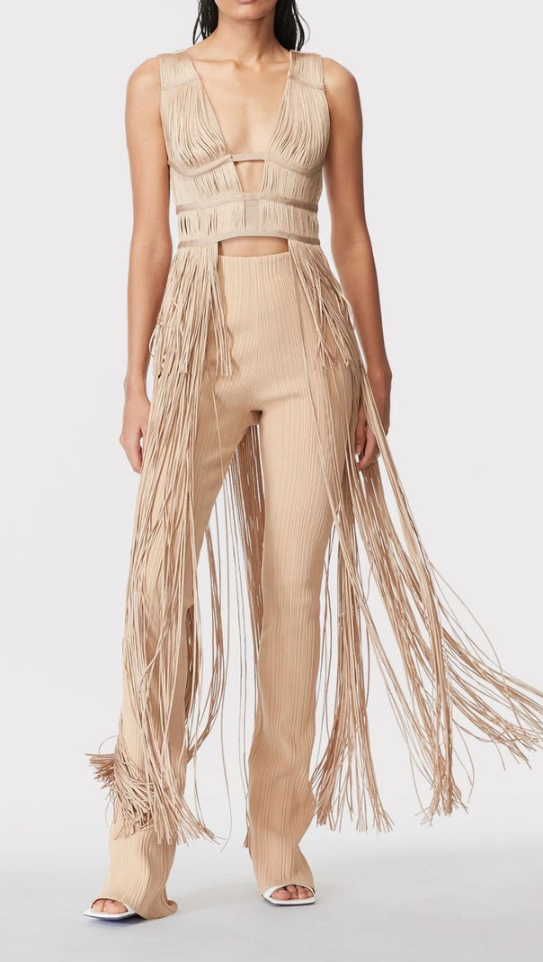 AIIZIE TASSEL BACKLESS JUMPSUIT IN KHAKI - product image