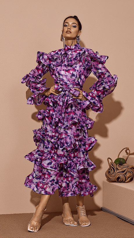 Elena – Bedrucktes Midikleid mit Rüschen in Lila