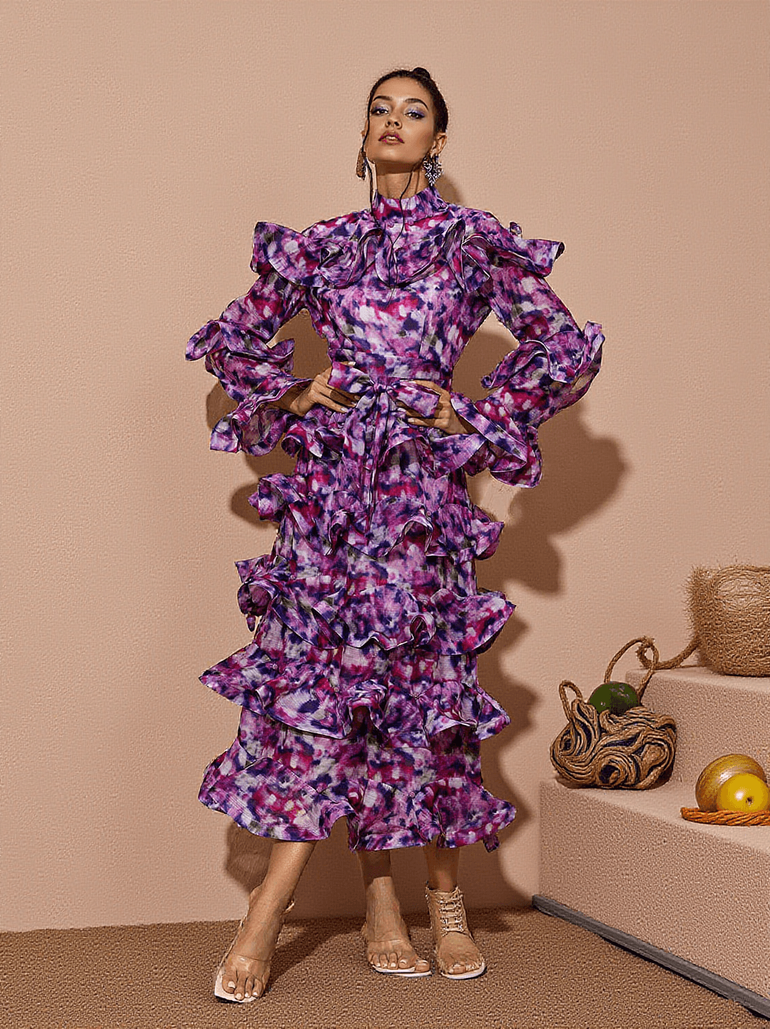 ELENA PRINTED RUFFLE MIDI DRESS IN PURPLE