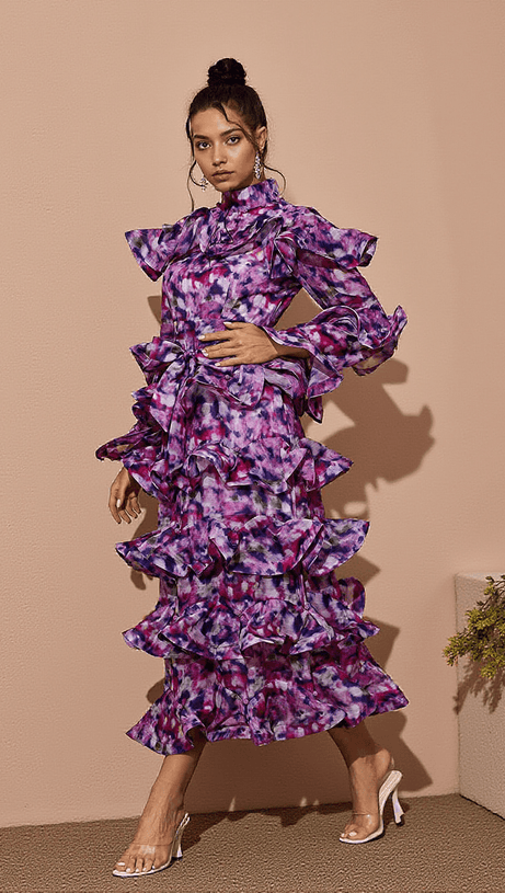 ELENA PRINTED RUFFLE MIDI DRESS IN PURPLE
