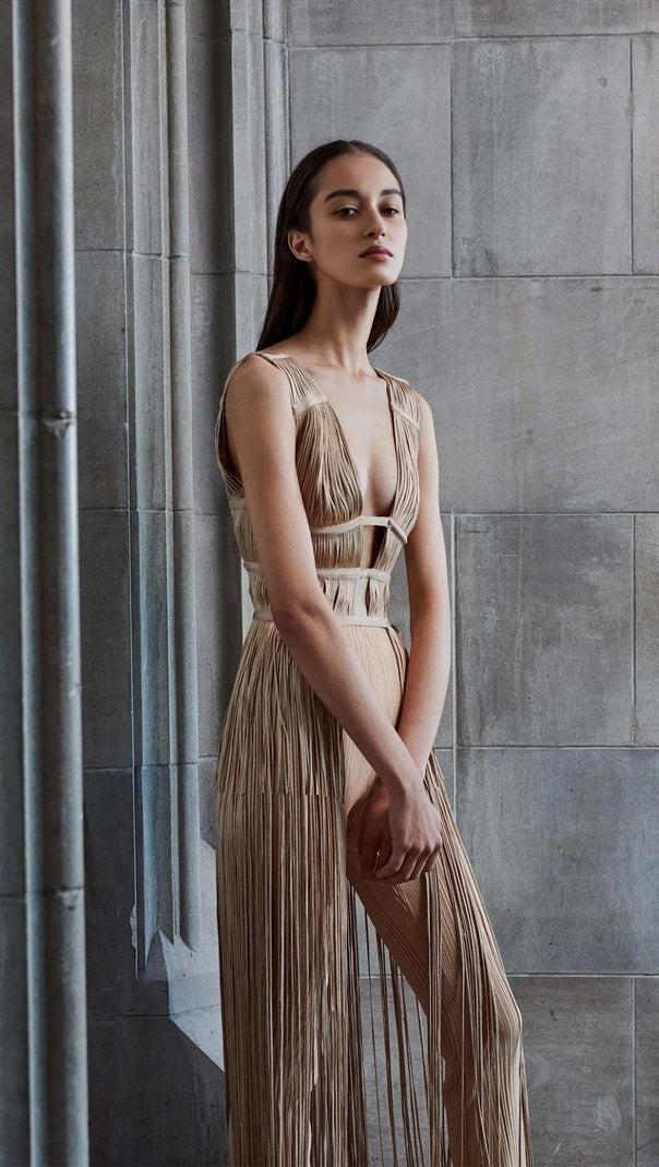 AIIZIE TASSEL BACKLESS JUMPSUIT IN KHAKI - product image