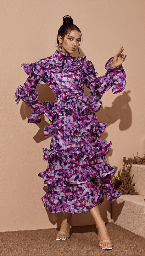 ELENA PRINTED RUFFLE MIDI DRESS IN PURPLE