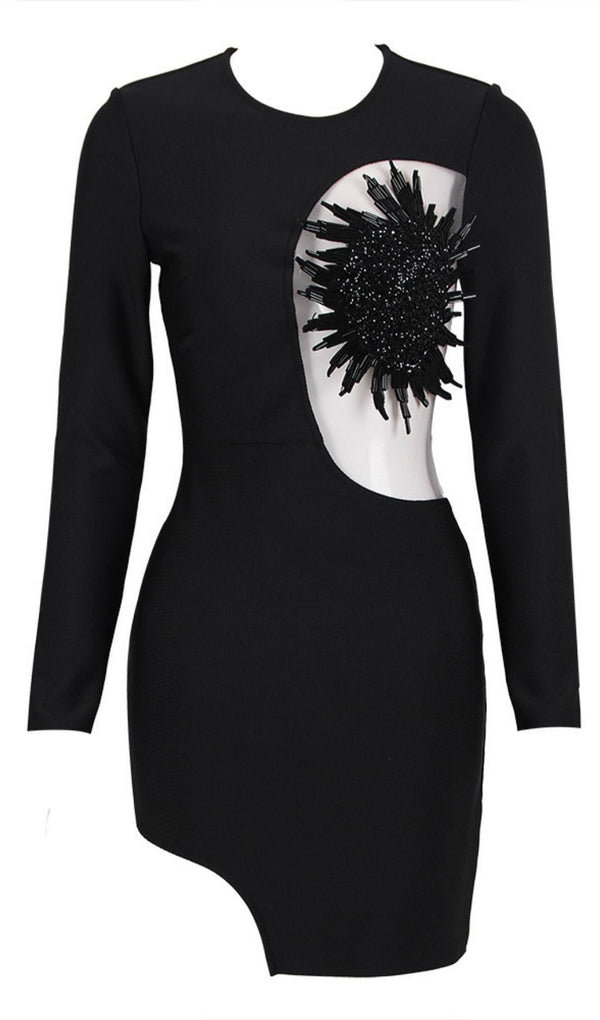 FLOWER LONG SLEEVE MINI BANDAGE DRESS IN BLACK