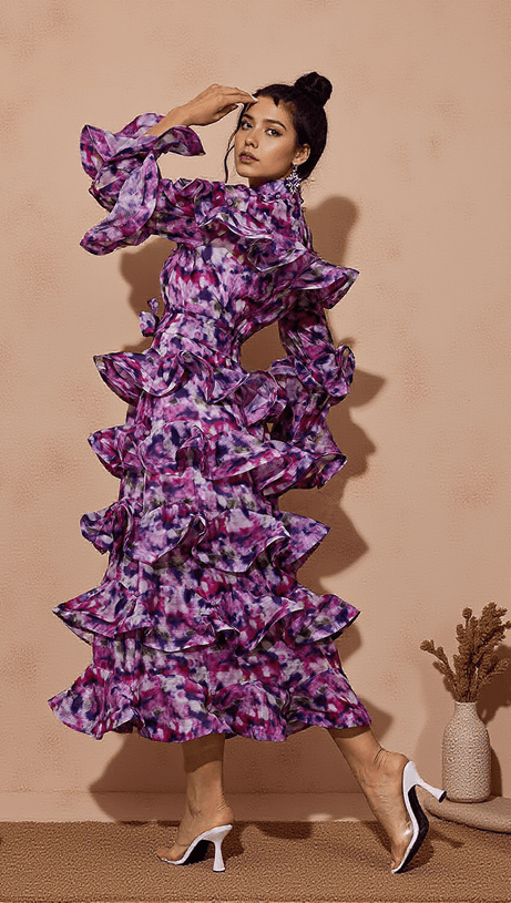 ELENA PRINTED RUFFLE MIDI DRESS IN PURPLE