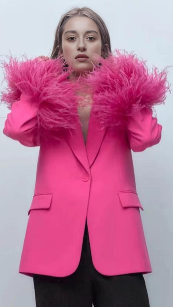 AIIZIE FEATHER JACKET SUIT IN HOT PINK - product image