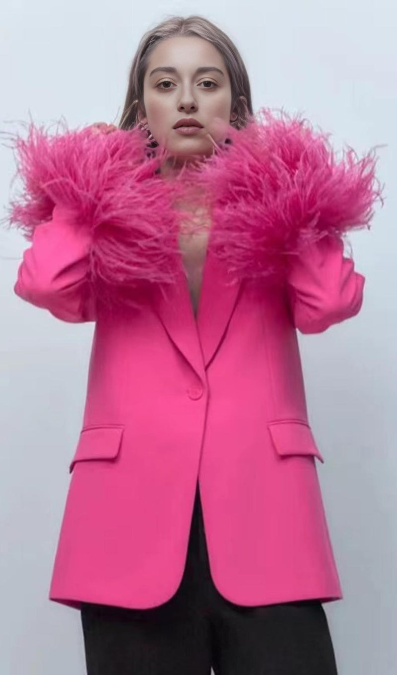 FEATHER JACKET SUIT IN HOT PINK