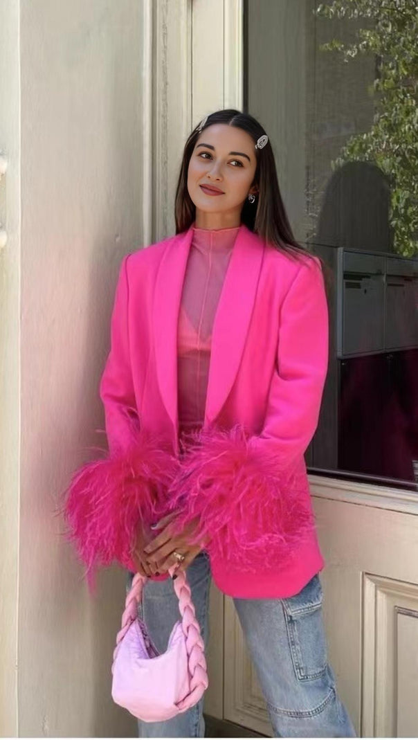 AIIZIE FEATHER JACKET SUIT IN HOT PINK - product image